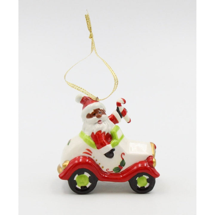 Ceramic African American Santa Ornament Driving Car 3 1/8" Holiday Decor Gift Image 2