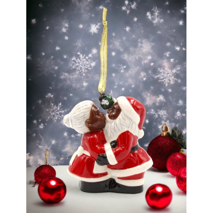 African American Kissing Santa Couple Ceramic Ornament 3in Gift Image 1