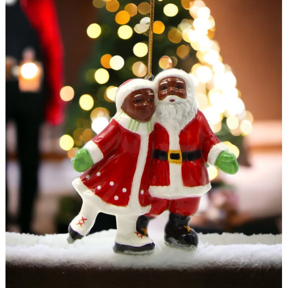 Ceramic Santa Mrs Claus Ice Skating Ornament 3.5" Gift Image 1