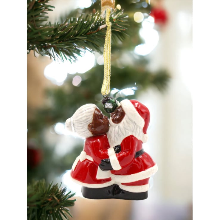 African American Kissing Santa Couple Ceramic Ornament 3in Gift Image 2