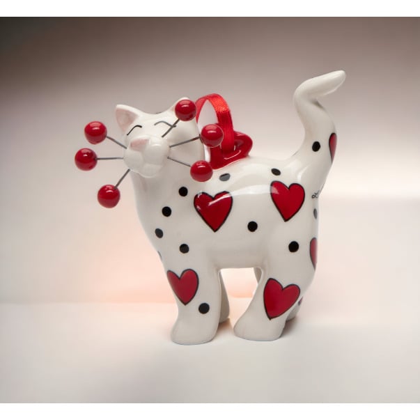 Ceramic White Cat Ornament with Red Hearts 3 Inch Gift for Cat Image 1