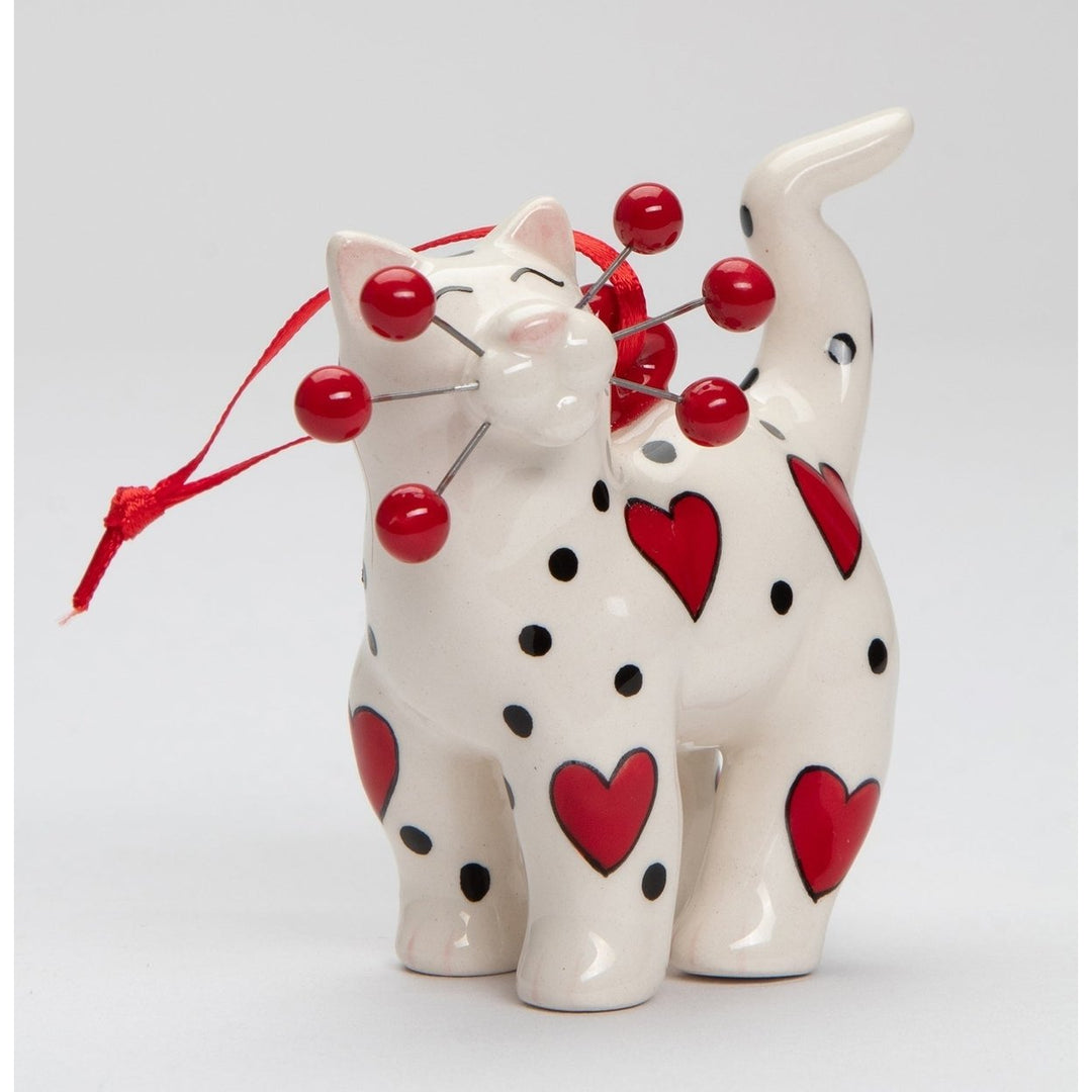 Ceramic White Cat Ornament with Red Hearts 3 Inch Gift for Cat Image 4