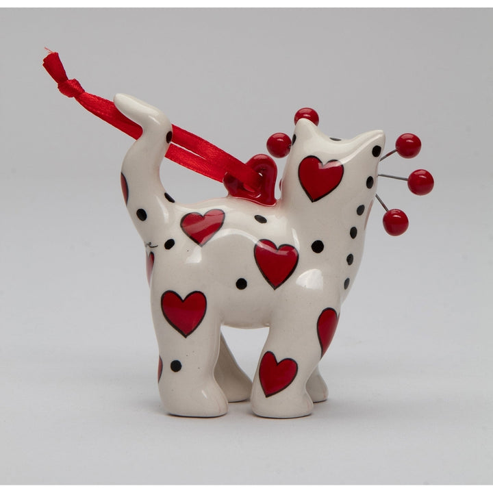 Ceramic White Cat Ornament with Red Hearts 3 Inch Gift for Cat Image 4