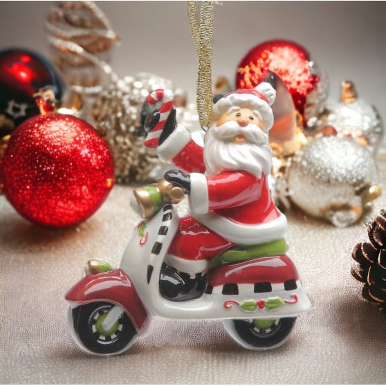 Ceramic Santa Claus Scooter Ornament 3 1/8in Christmas Tree Gift Image 1