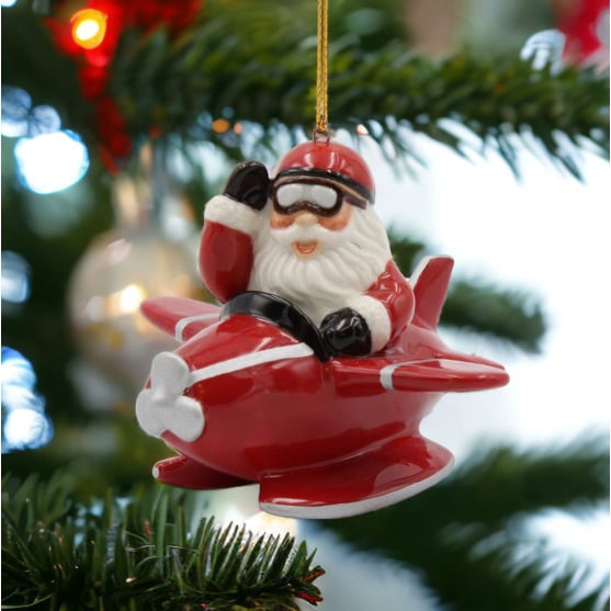 Ceramic Santa Claus Flying Red Airplane Ornament 3.75 Inch Holiday Decor Image 1