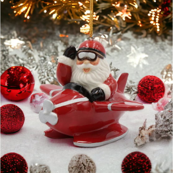 Ceramic Santa Claus Flying Red Airplane Ornament 3.75 Inch Holiday Decor Image 2