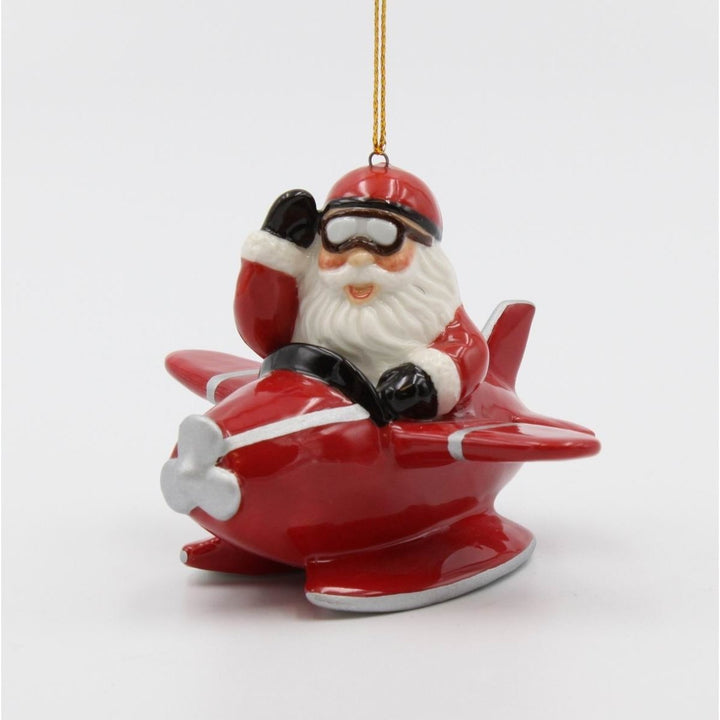 Ceramic Santa Claus Flying Red Airplane Ornament 3.75 Inch Holiday Decor Image 3