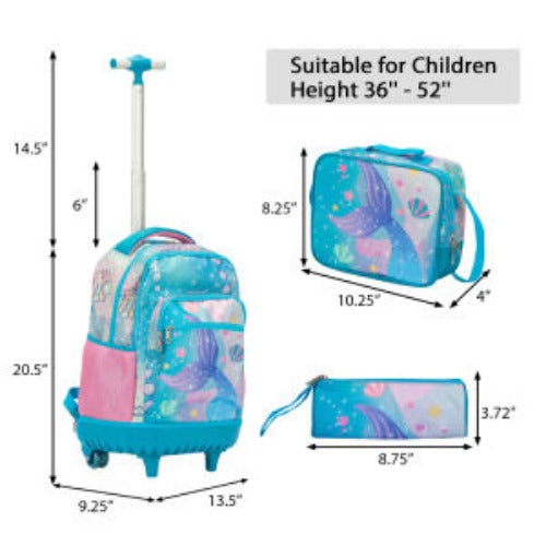 20-Inch 3PCS Kids Rolling Luggage Set Trolley Backpack with Lunch Bag and Pencil Case for kids Image 4