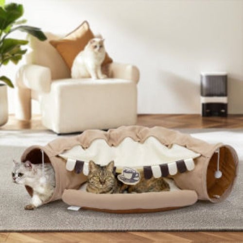 Collapsible Cat Tunnel Bed Hide Tunnel for Indoor Cats with Hanging Toys and Cushion Mat Image 2