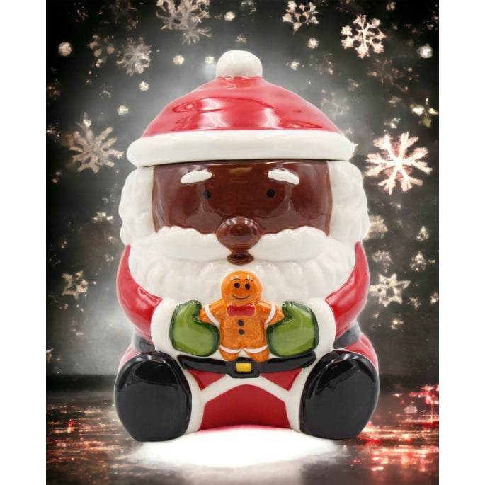 Ceramic African American Santa Claus Holding Gingerbread Candy Box 5 in Image 1