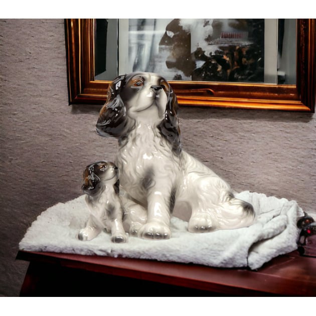 Ceramic Cocker Spaniel Dog and Puppy Figurine Black and White 5.75 Inch Decor Image 1