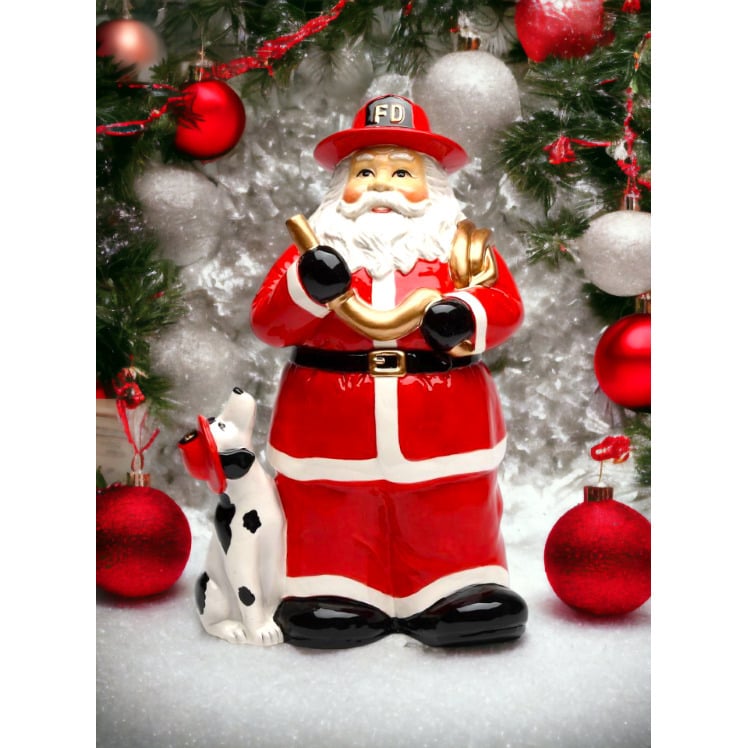 Ceramic Fire Fighter Santa Cookie Jar 11.5 inch Holiday Gift Image 1