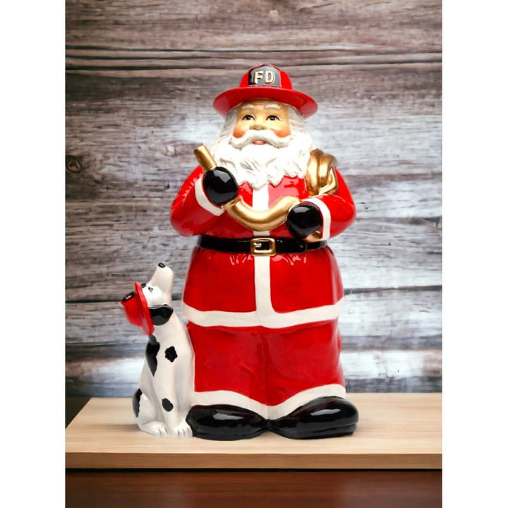 Ceramic Fire Fighter Santa Cookie Jar 11.5 inch Holiday Gift Image 2