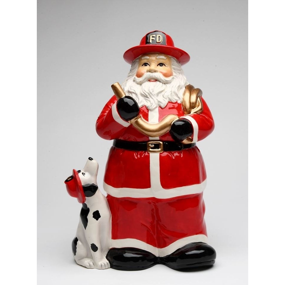 Ceramic Fire Fighter Santa Cookie Jar 11.5 inch Holiday Gift Image 3