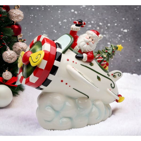 Ceramic Santa Airplane Cookie Jar 10 3/8in Christmas Home Gift Image 1