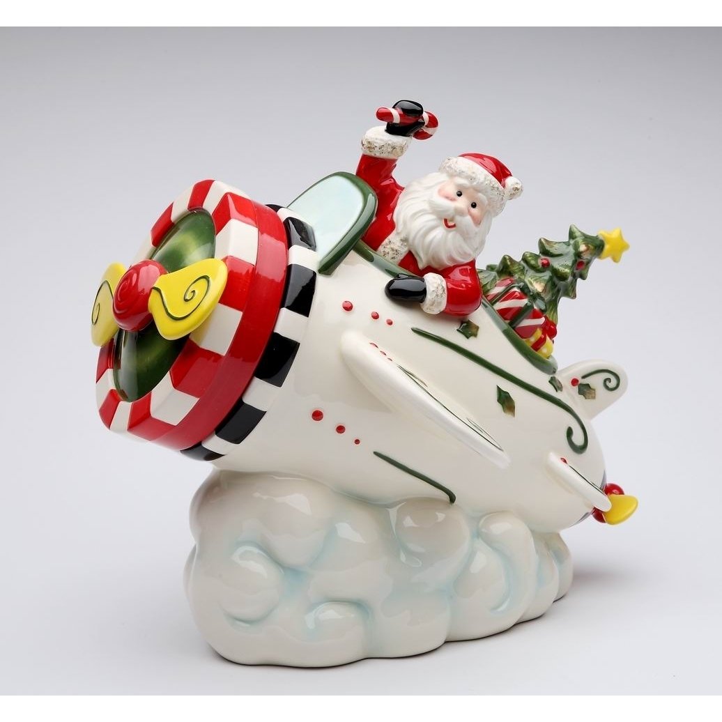 Ceramic Santa Airplane Cookie Jar 10 3/8in Christmas Home Gift Image 2