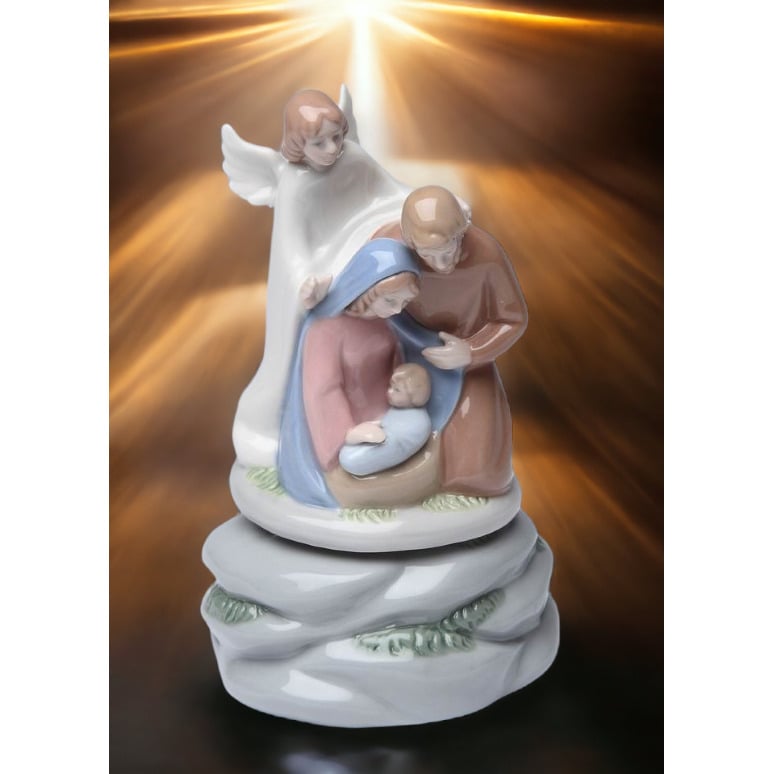 Ceramic Holy Family Nativity Musical Box 6.3x5.9 Religious Gift Image 1