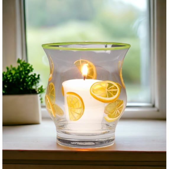 Hand Painted Glass Lemon Slice Votive Jar Candle Holder 3.5 x 4 Image 1