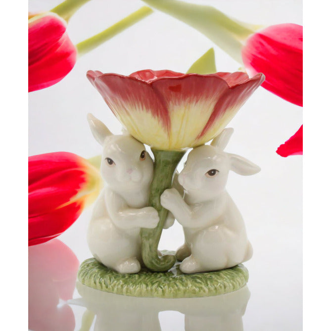 Ceramic Easter Bunnies Holding Red Flower T-Light Candle HolderHome DcorKitchen DcorSpring Dcor Image 1