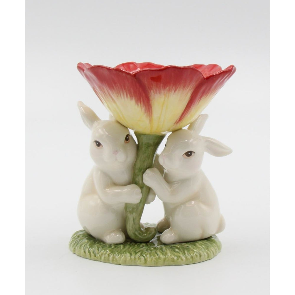 Ceramic Easter Bunnies Holding Red Flower T-Light Candle HolderHome DcorKitchen DcorSpring Dcor Image 2