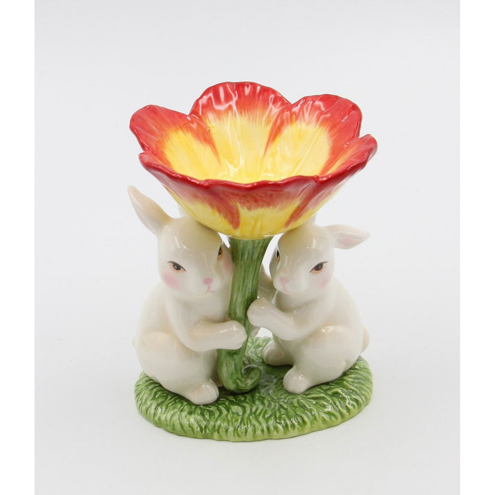 Ceramic Easter Bunny T-Light Candle Holder Red Flower 4.375x5 Inch Image 3