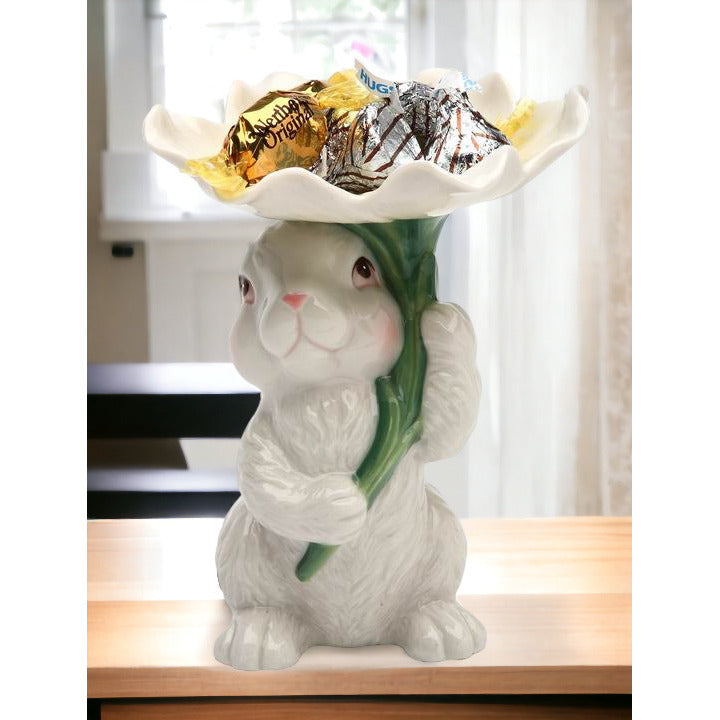 Ceramic Easter Bunny Rabbit Holding Flower Candy DishHome DcorKitchen DcorSpring DcorEaster Dcor Image 2
