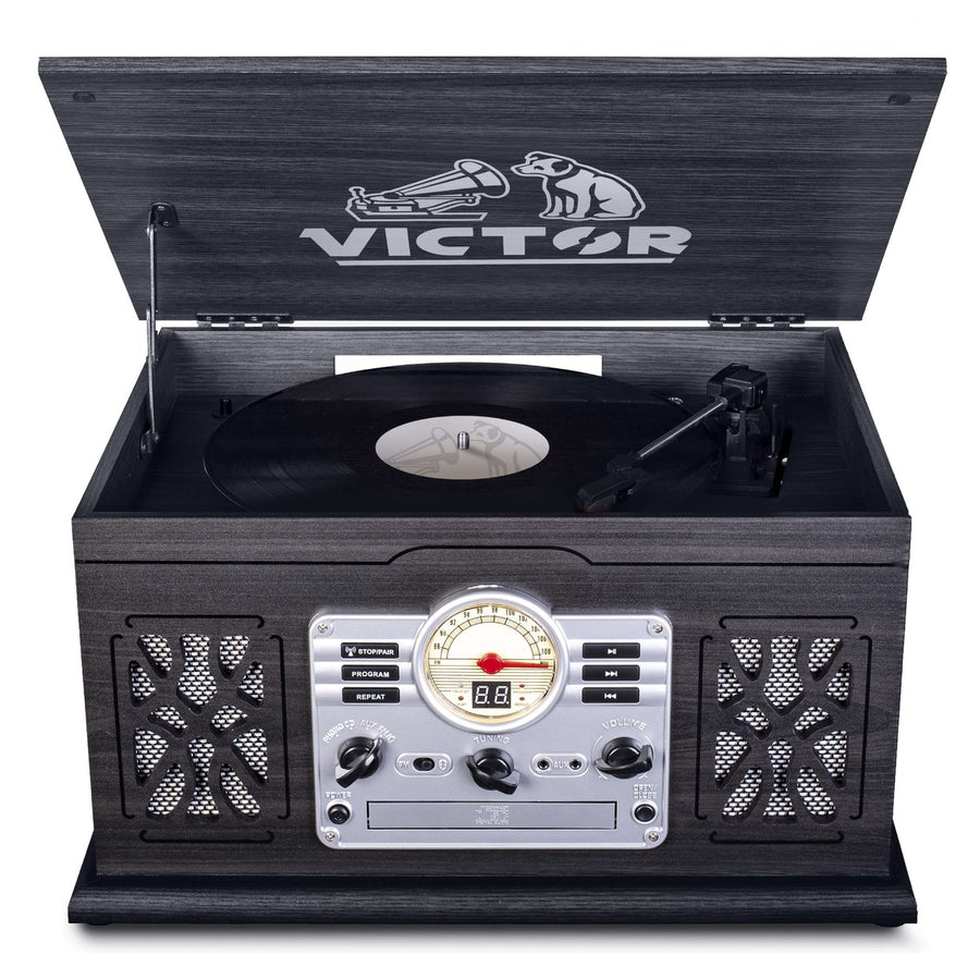 Victor State 7-in-1 Wood Music Center with 3-Speed Turntable and Dual Bluetooth Image 1