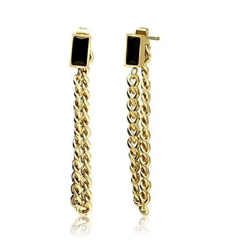 Dangle Chain Earrings Emerald Cubic Zirconia 18K Gold Plated Stainless Steel 80mm Image 1