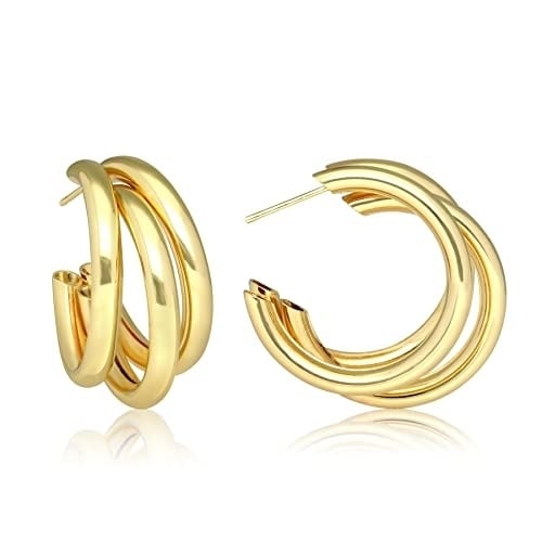 Triple Chunky Hoop Earrings 14K Gold Plated 30mm Diameter Perfect for Any Occasion Image 1