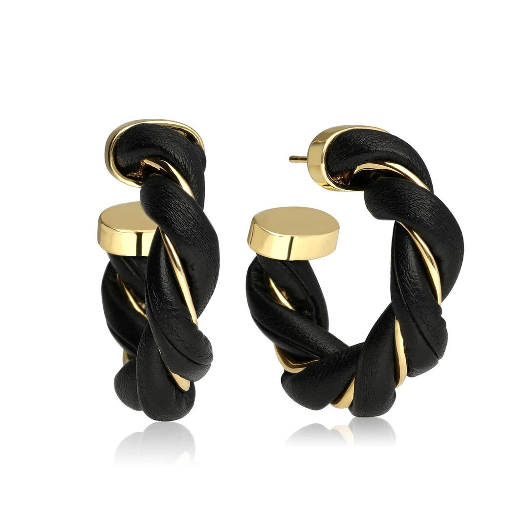 Gold Plated Twisted Faux Leather Chunky Earrings 40mm Unique Spiral Design Image 2