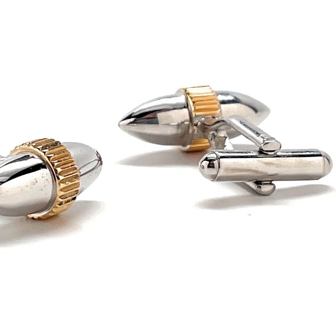 Silver Bullet Cufflinks Silver Tips with Gold Grooved Bands Cuff Links Image 3