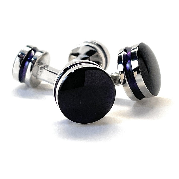 Midnight Purple Cufflinks Pewter Straight Post Design Fully Detailed Double Stripe Purple Bands Cuff Links Image 3