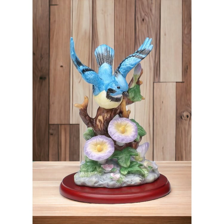 Ceramic Bluejay Bird Figurine with Morning Glory Flower 4.125in Gift Image 1