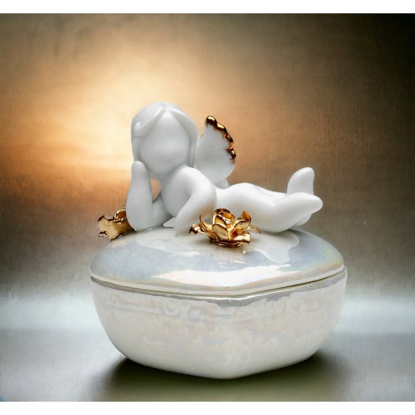 Ceramic Cherub Angel Heart Jewelry Box 2.25 Inch Religious Gift Image 1