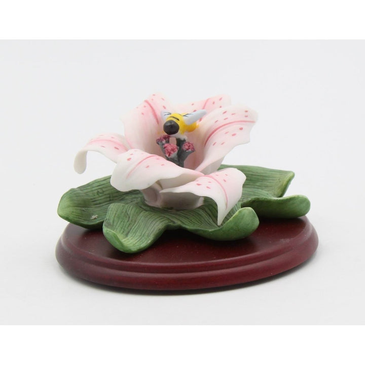 Ceramic Cala Lily Flower with Bumblebee Figurine Wood Base Gift 3.5" Image 2