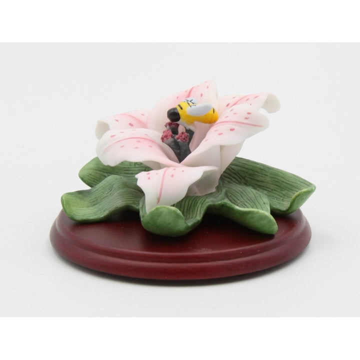 Ceramic Cala Lily Flower with Bumblebee Figurine Wood Base Gift 3.5" Image 3