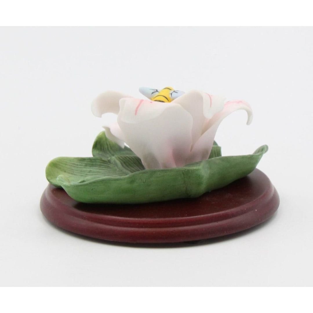 Ceramic Cala Lily Flower with Bumblebee Figurine Wood Base Gift 3.5" Image 4