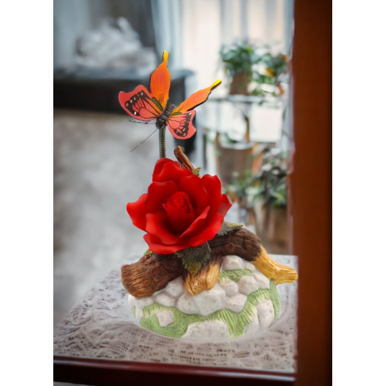 Ceramic Red Rose Butterfly Figurine 5 1/8"  Nature Image 1