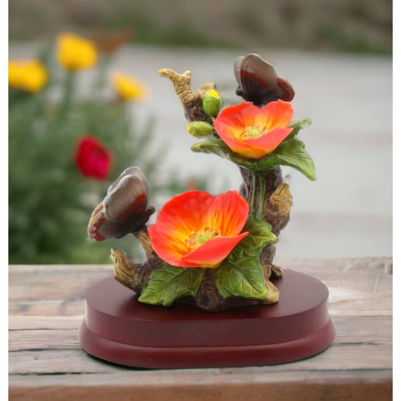 Ceramic Poppy Flowers Butterfly Figurine 4.5in  Nature Image 1