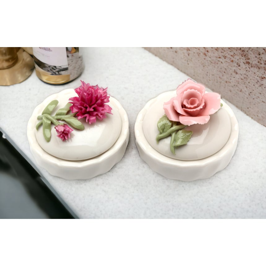 Ceramic Pink Rose and Carnation Trinket Box Set of 2 Image 1