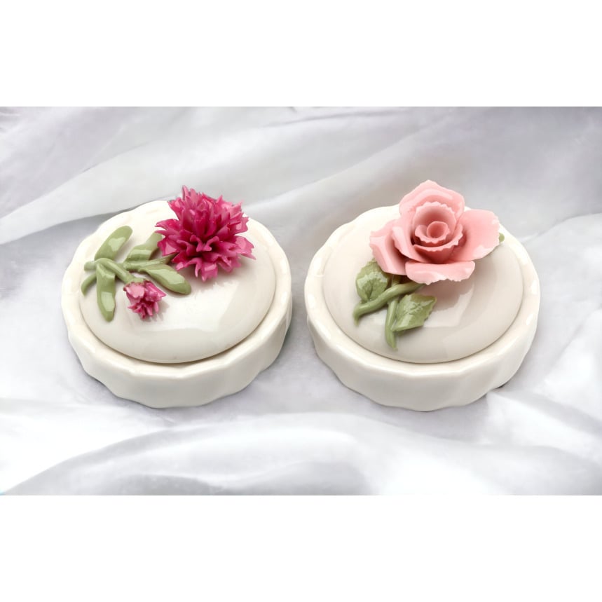 Ceramic Pink Rose and Carnation Trinket Box Set of 2 Image 2