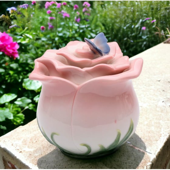 Ceramic Pink Rose Jewelry Box with Butterfly 5x4 Image 1