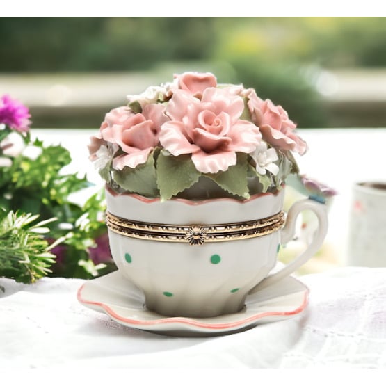 Cup and Saucer Shaped Music Box with Pink Flowers 4.5 Inches Gift Image 1