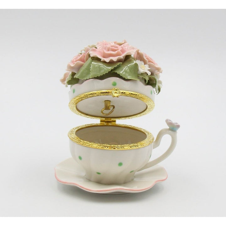 Cup and Saucer Shaped Music Box with Pink Flowers 4.5 Inches Gift Image 2