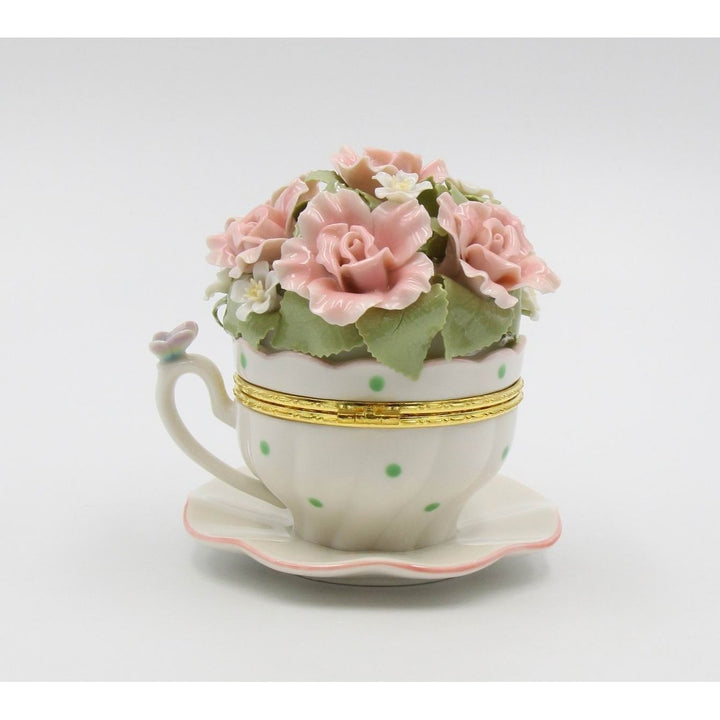 Cup and Saucer Shaped Music Box with Pink Flowers 4.5 Inches Gift Image 3