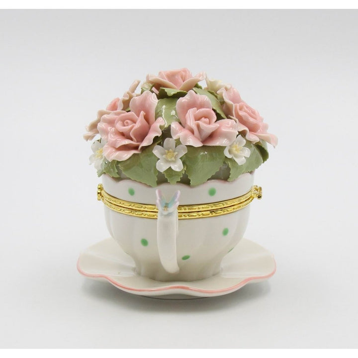 Cup and Saucer Shaped Music Box with Pink Flowers 4.5 Inches Gift Image 4