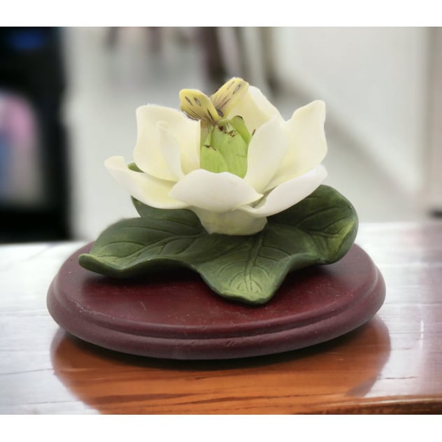 Ceramic Magnolia Flower with Butterfly on Wooden Base Image 1