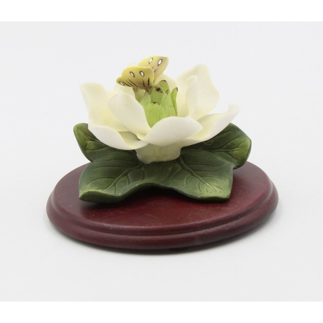 Ceramic Magnolia Flower with Butterfly on Wooden Base Image 2