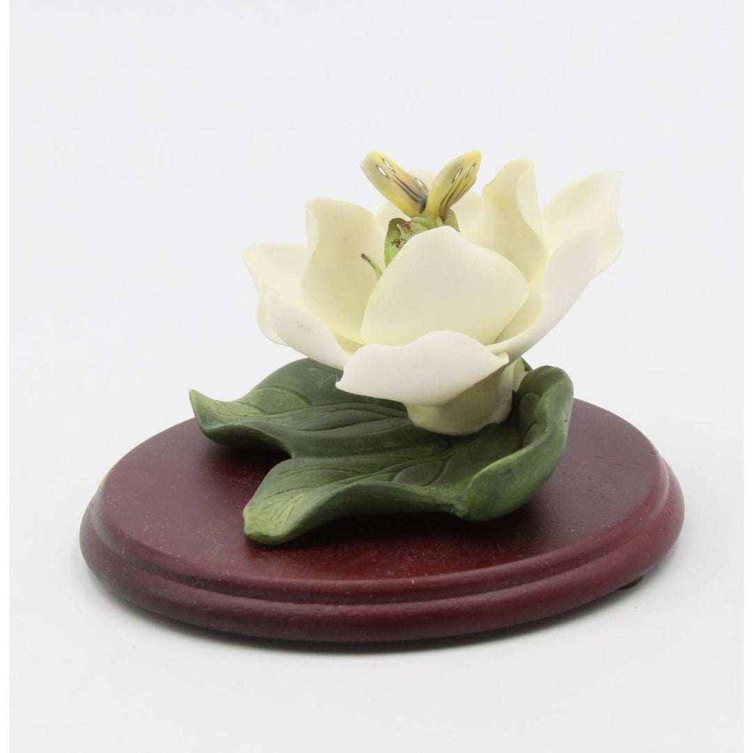 Ceramic Magnolia Flower with Butterfly on Wooden Base Image 3