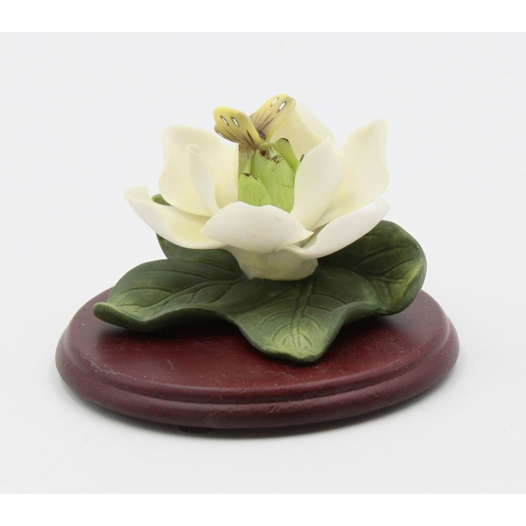 Ceramic Magnolia Flower with Butterfly on Wooden Base Image 4